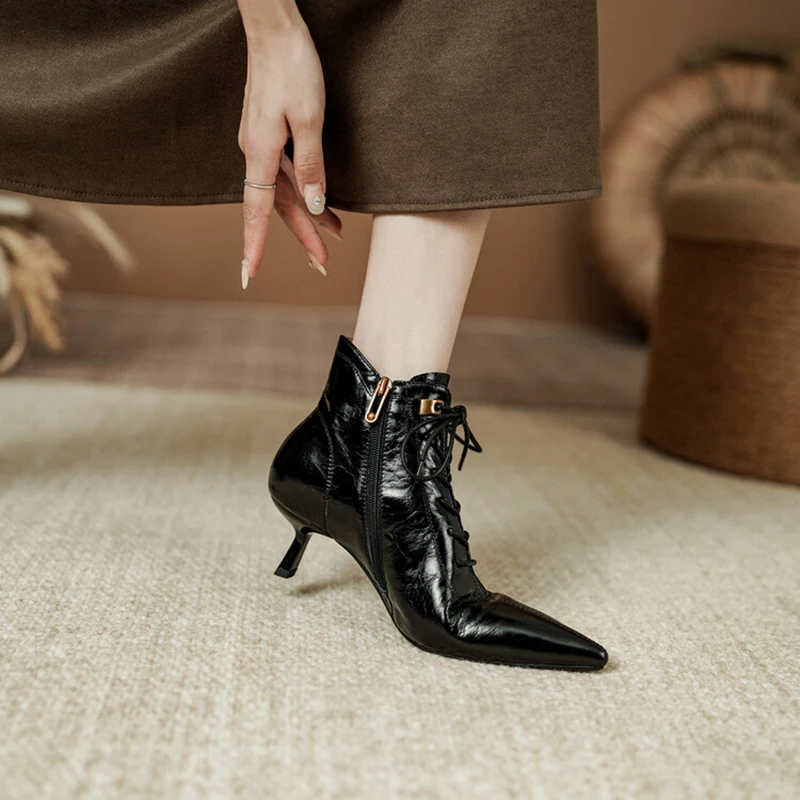 NEW Autumn Women Boots Pointed Toe Thin Heel Boots Genuine Leather Shoes for Women Elegent Zipper Ankle Boots Solid Winter Boots