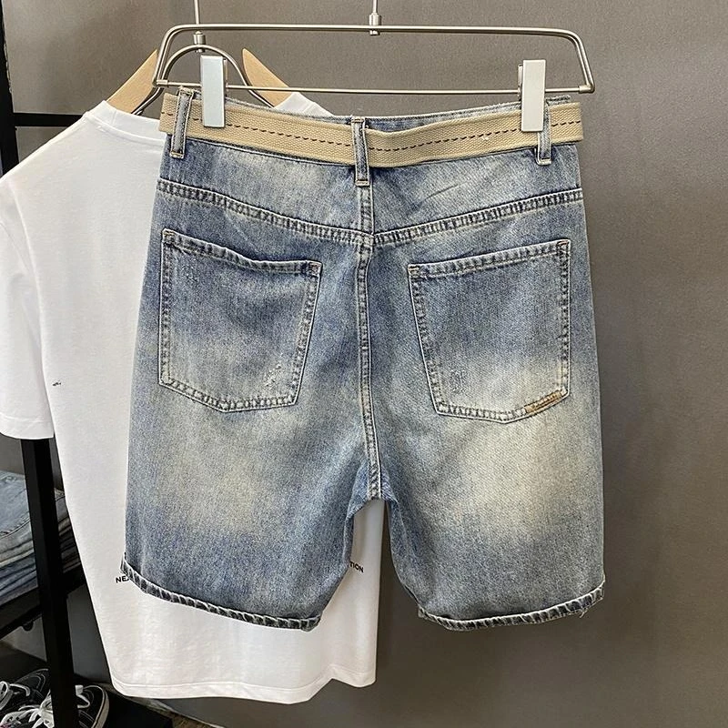 Celana Jeans Pendek Longgar Robek Biru Muda untuk Pria Celana Pendek Denim Pria Setengah Kancing Celana Pendek Populer Harajuku Pakaian Jalanan Xl Tertekan