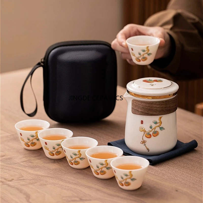 

Керамический дорожный чайник, портативный набор косметических горшков, набор чайных горшков для кемпинга на открытом воздухе (6 чайных чашек, 1 чайник, 1 портативная сумка)