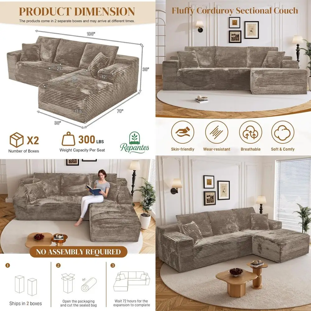 أريكة كرسي قصير بني مع مساند للذراعين واسعة، جلوس عميق، رغوة الذاكرة، سهلة التجميع، مثالية للمساحات الصغيرة