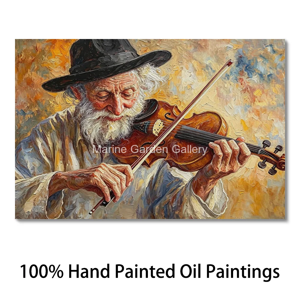 Hand Painted Jewish Violinist Oil Painting Rabbi Playing Music Impasto Portrait Canvas Art Modern Decor for Judaica Study Room