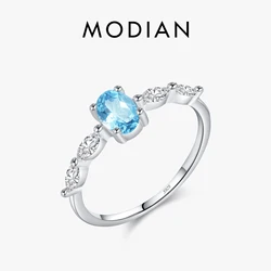 MODIAN 925 Sterling Silver Sparkling Crushed Ice Cut Sea Blue Oval CZ Party Rings For Women Fine Jewelry Accessories