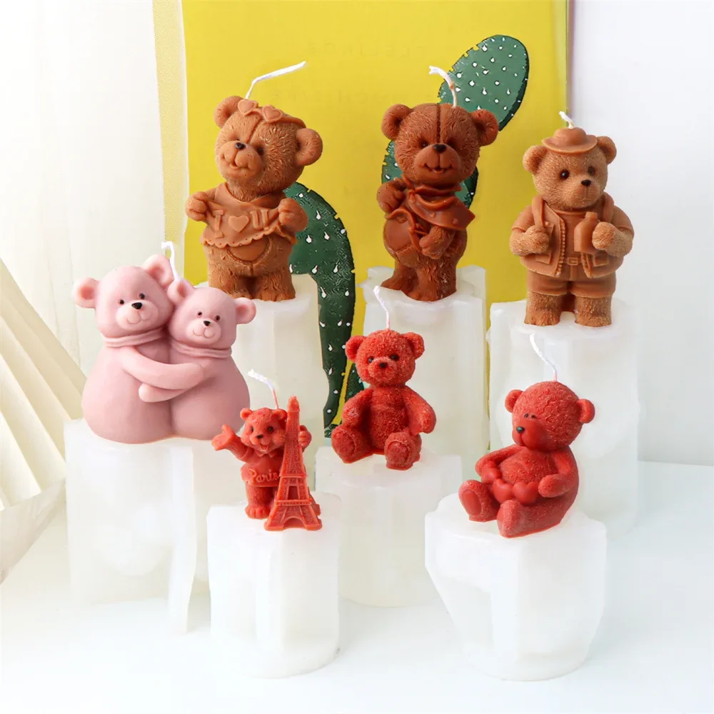 

3d Cartoon Hug Bear Silicone Molds Cute Animal Love Bear Scented Candle Mould Plaster Epoxy Resin Molds Candle Making Kit