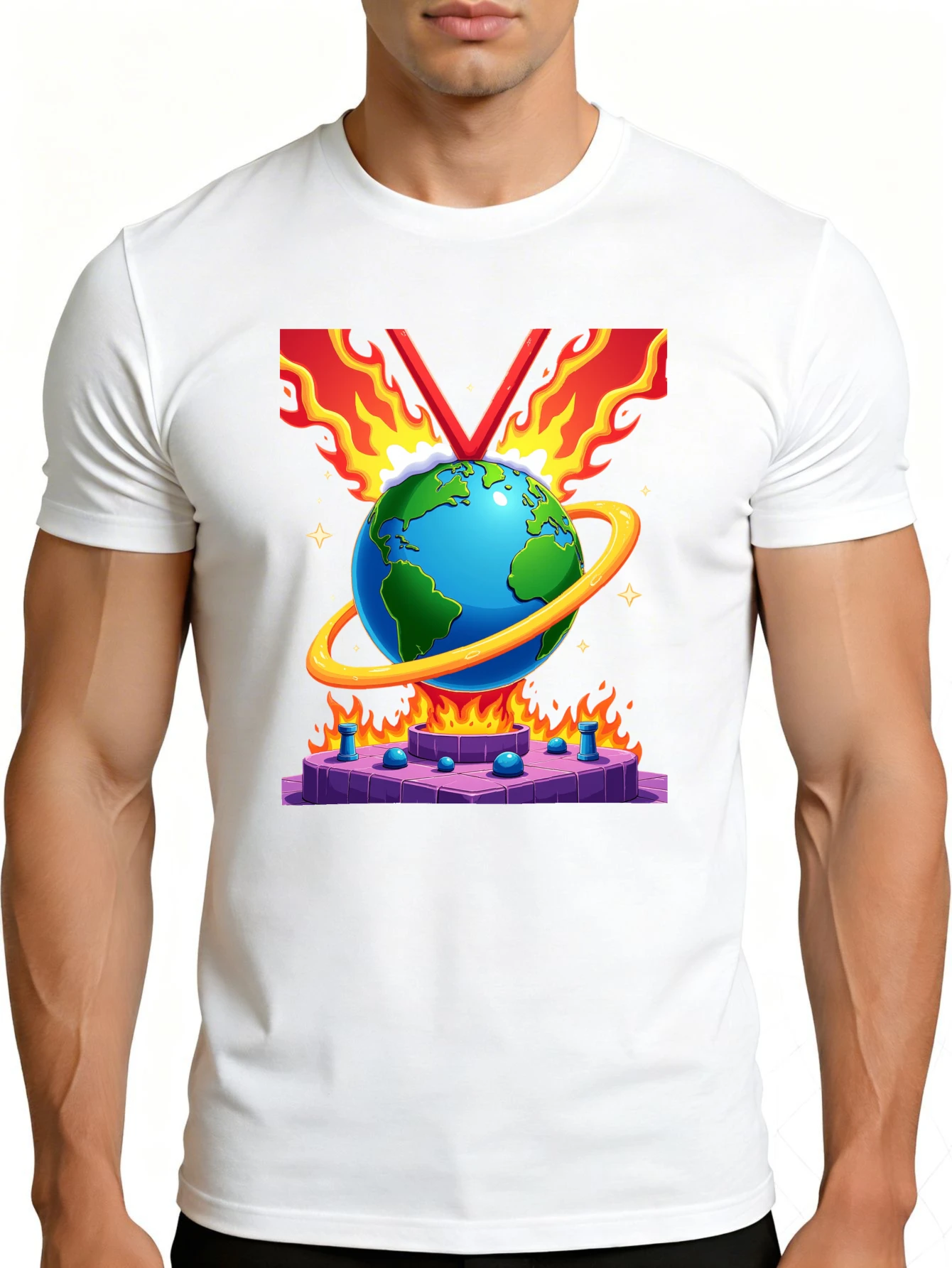 Men's Graphic T-Shirt - Breathable, Soft, Lightweight - Earth Pattern with Flames and Halo - Retro Fun Graphic Casual Short Sleeve Summer Top, Gift for Him