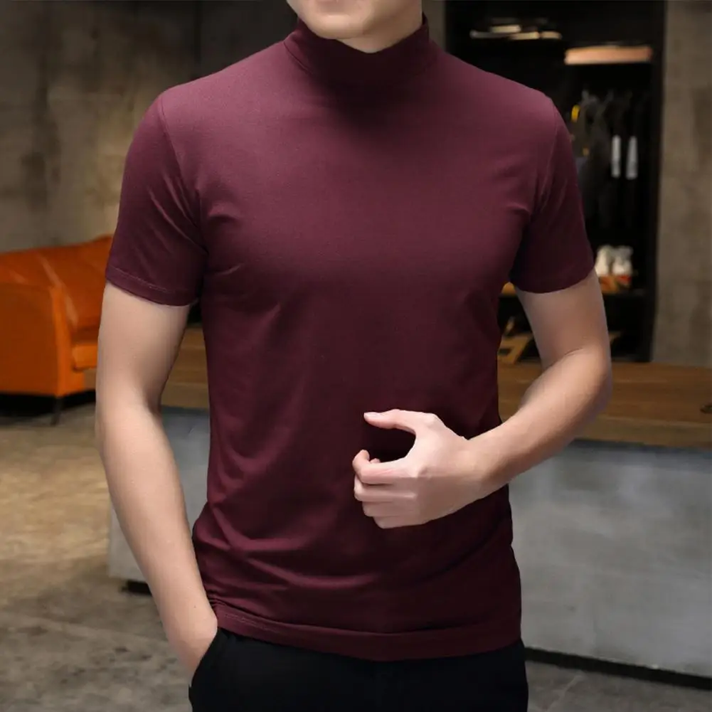 Men Summer Top Half High Collar Solid Color Soft Pullover Breathable Keep Cooling Casual Short Sleeves Summer T-shirt Clothing
