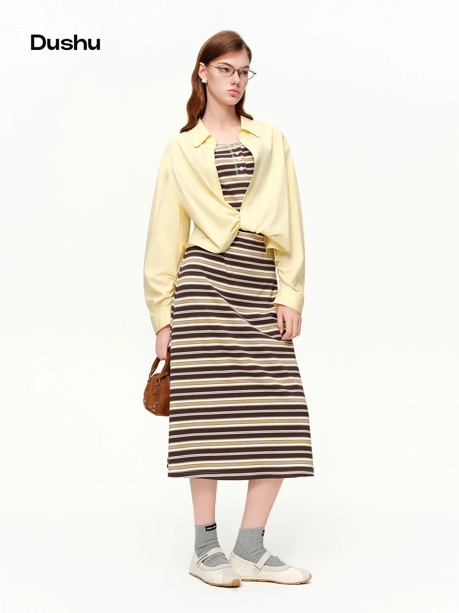 

DUSHU【Sandwich Cookie】Knitted Vest Dress Sets Women Solid Shirts Long Sleeve 2026 Spring New Style Fresh and Stylish Set