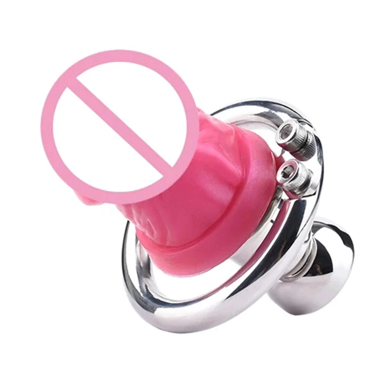 Inverted Chastity Cage with Pink Dildo for Men 콕링 New Creative Sissy Combination Cock Cage Stainless Steel Penis Rings Sex Toys