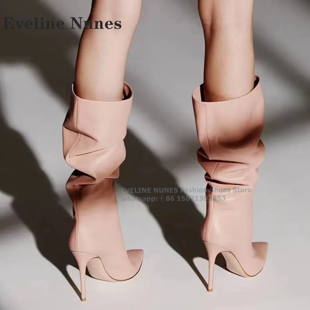 

Pointed-Toe Stiletto Comfortable Slouch Boots Solid Fold Down Pleated Pull On Large Size Soft Knee-High Boots 2024 New Arrivals