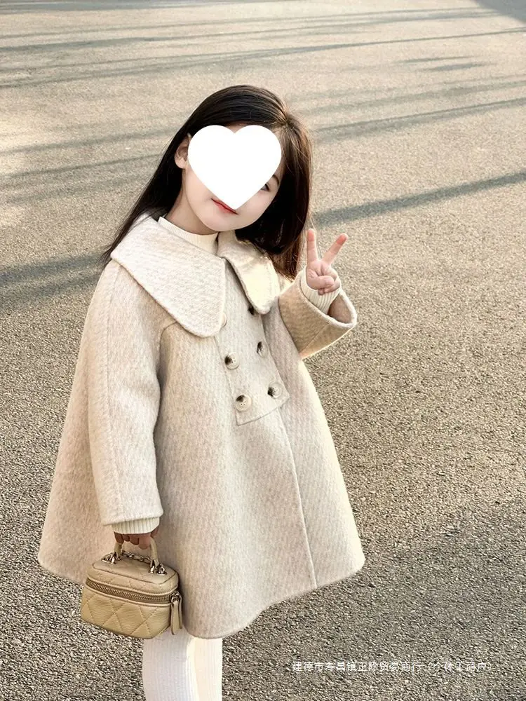 Girls Woolen Coat Autumn and Winter New Children Fashion Doll Collar Medium Long Woolen Coat Korean Simple Style Clothes