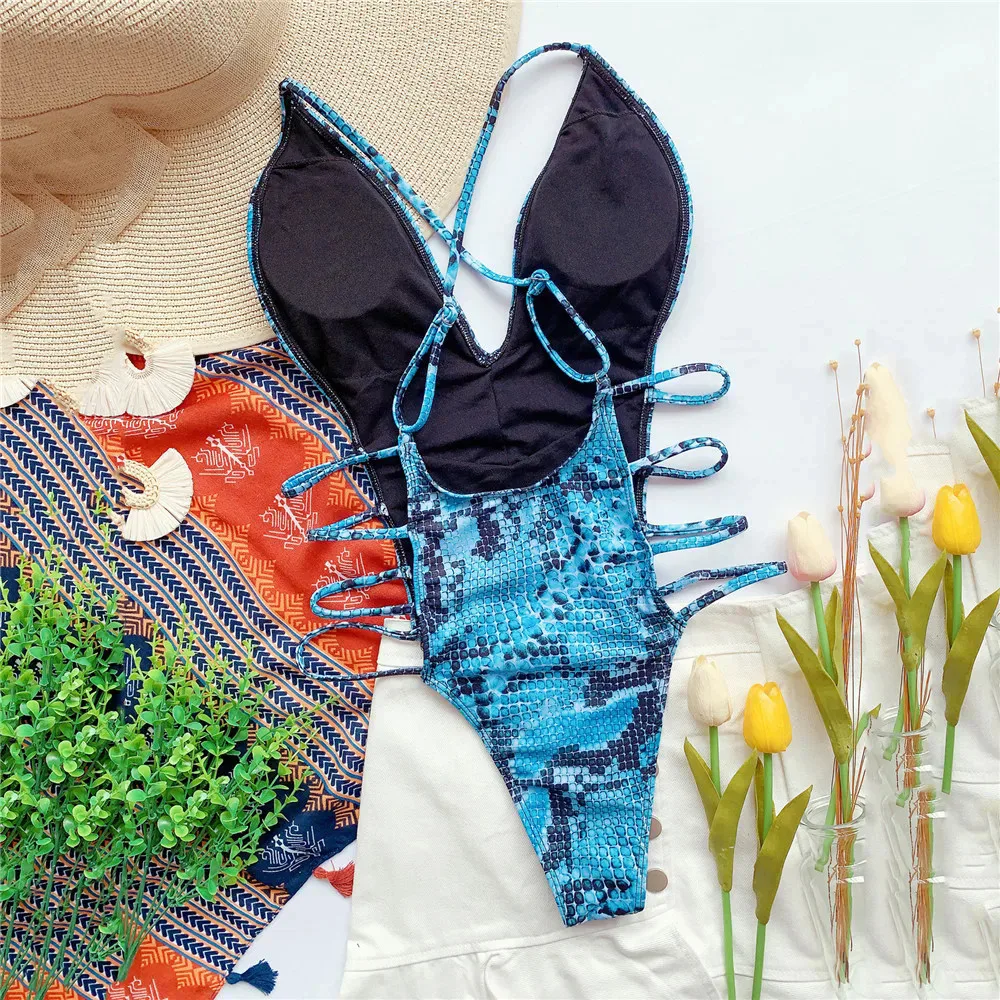 Sexy Snake Print Backless Swimwear One Piece Swimsuits Woman 2025 Hollow Cut Out Monokini String Bathing Swimming Suit Bather