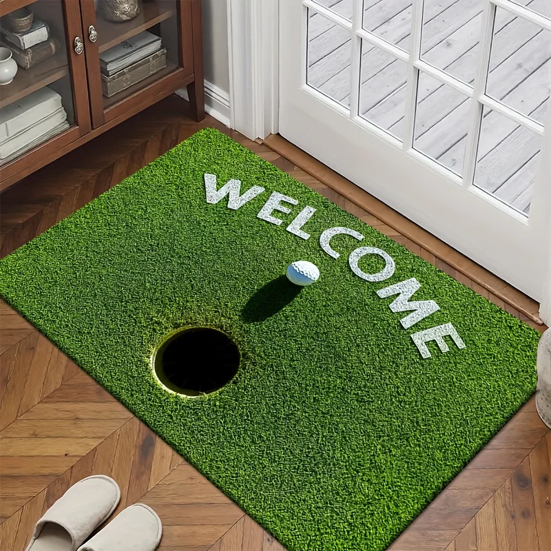 2D Flat Golf Green Putting Hole Welcome Text Flannel Door Mat Non Slip Sports Theme Rug For Entryway Garden Floor Decor