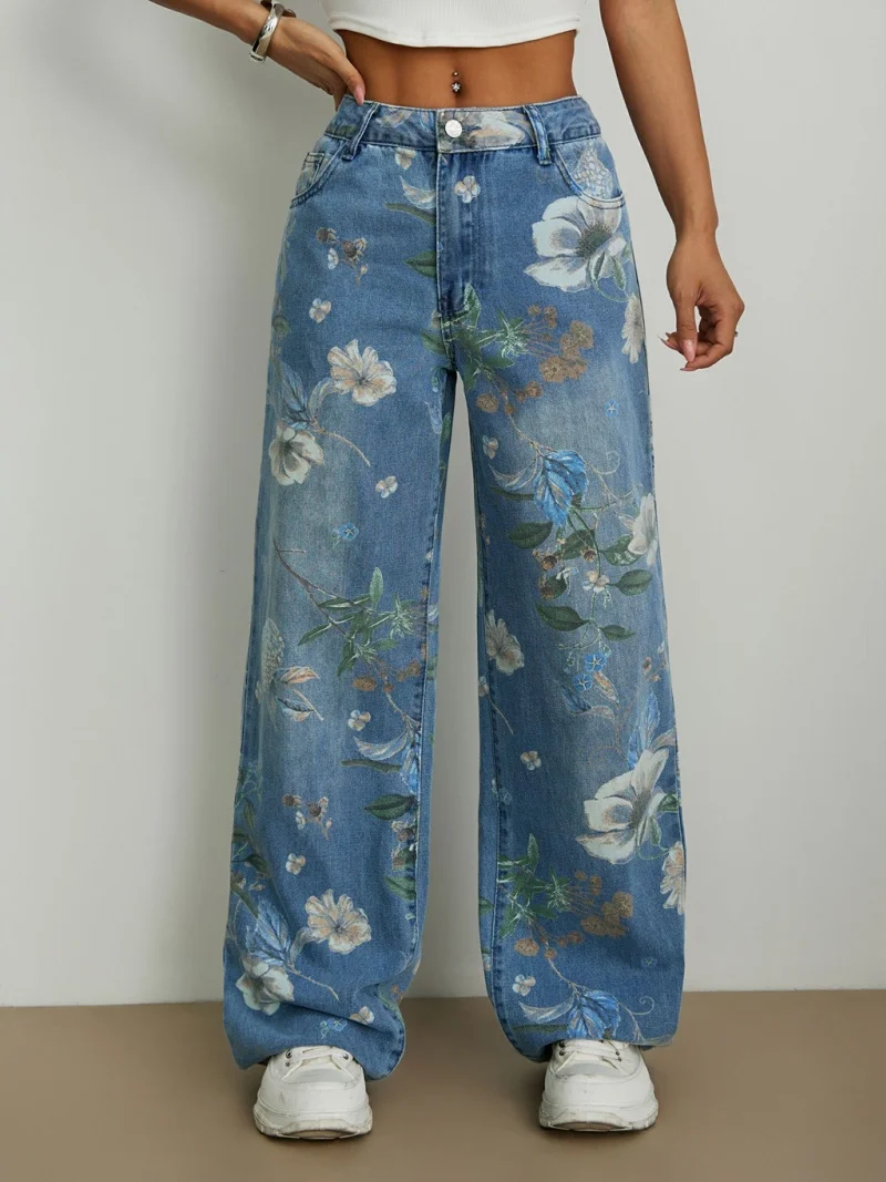 

Fashion Floral Print Baggy Denim Trousers Autumn Clothing Women High Waist Straight Jeans Casual Loose Denim Pants Jean Trousers