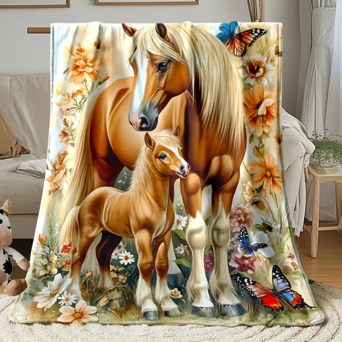Golden Horse Pair Art Blanket Throw Decoration Gift for Nursery Kids Bathroom Home Decor Pet Anima