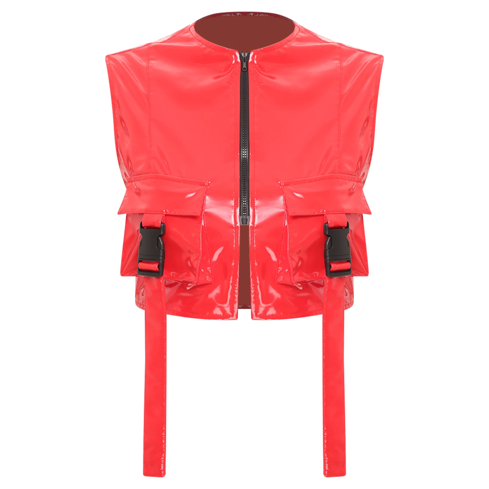 Womens Metallic Buckle Zip Up Jacket Cargo Tops with Pockets Wet Look Patent Leather Crop Tops Vest Rave Bar Party Clubwear