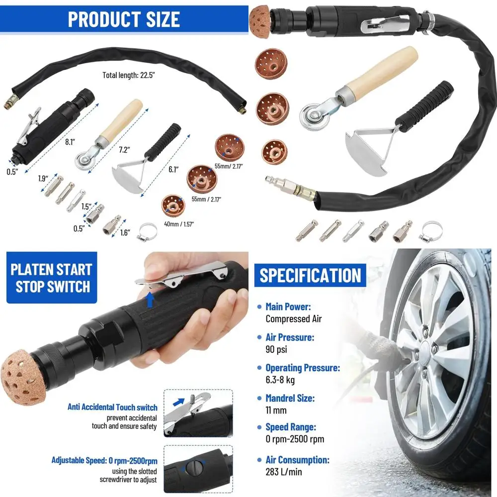 

Инструменты для ремонта воздушных шин, включают в себя низкоскоростной буфер для воздушных шин 2500 об/мин, внутренний вкладыш для шин, скребок, скребок, валик, вольфрамовый St