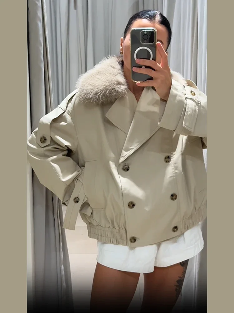 Chic Fur Collar Short Windbreaker Coat Women Fashion Double Breasted Pocket Loose Jacket Autumn Daily Commuting Office Outerwear
