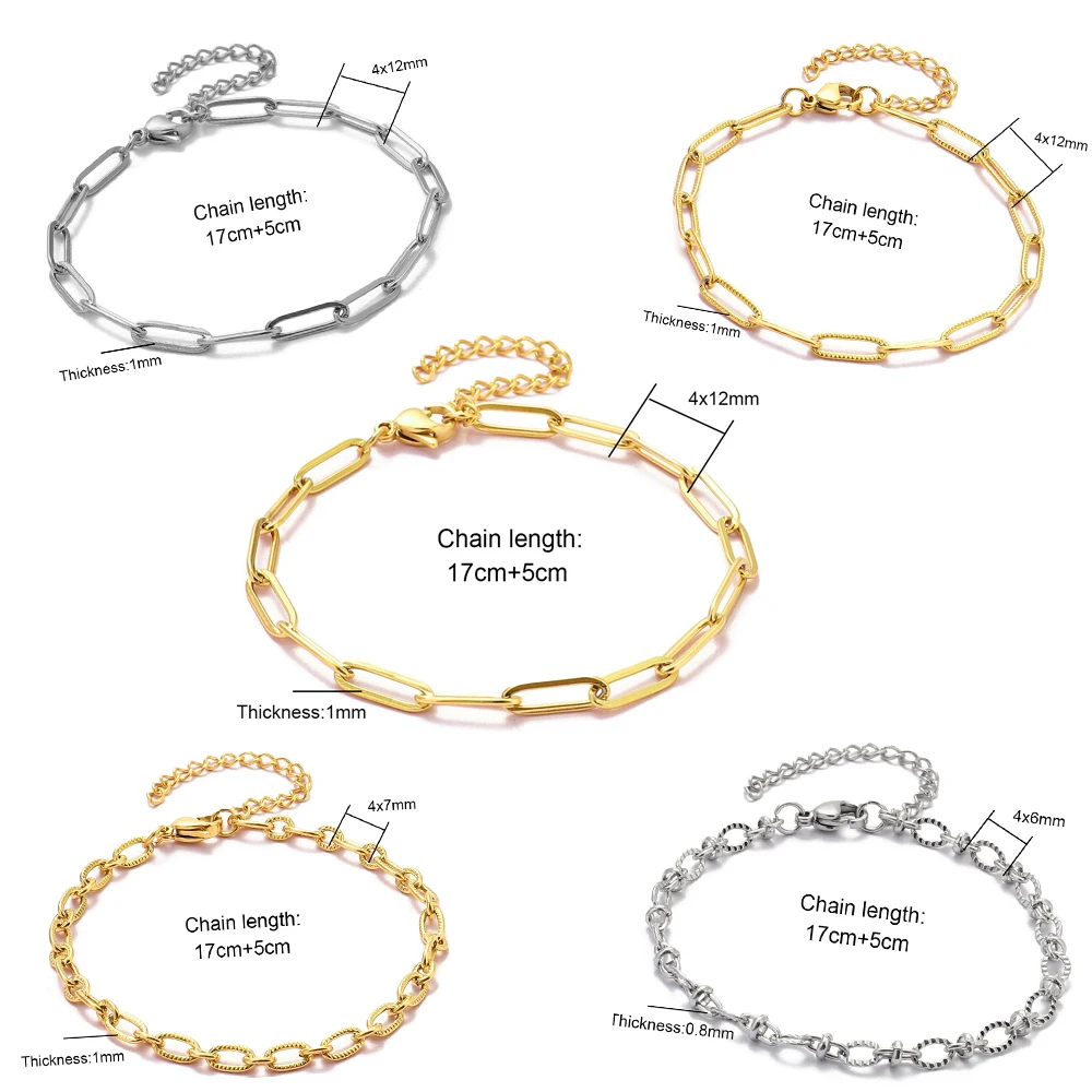 5 Stück/Set 17-22cm Edelstahl Büroklammer-Kreuzgliederkette Armband für Frauen Handgefertigter DIY Charm Modeschmuck