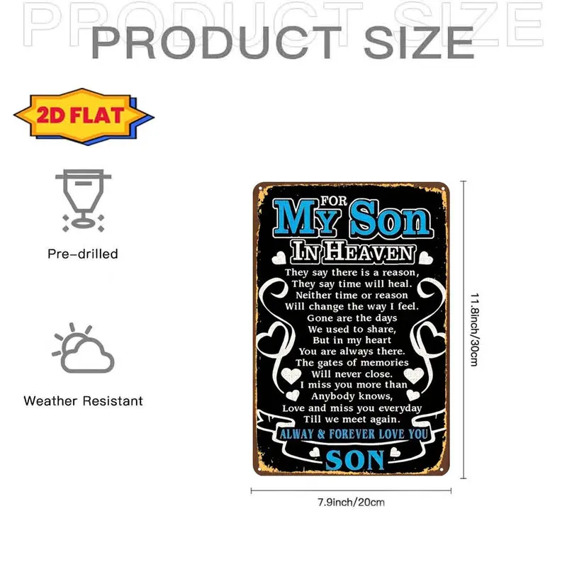1pc,for My Son in Heaven: Always in My Heart, Forever Loved Metal Iron Sign, Pre-Drilled Holes, Suitable for Indoor, Garden,Outd