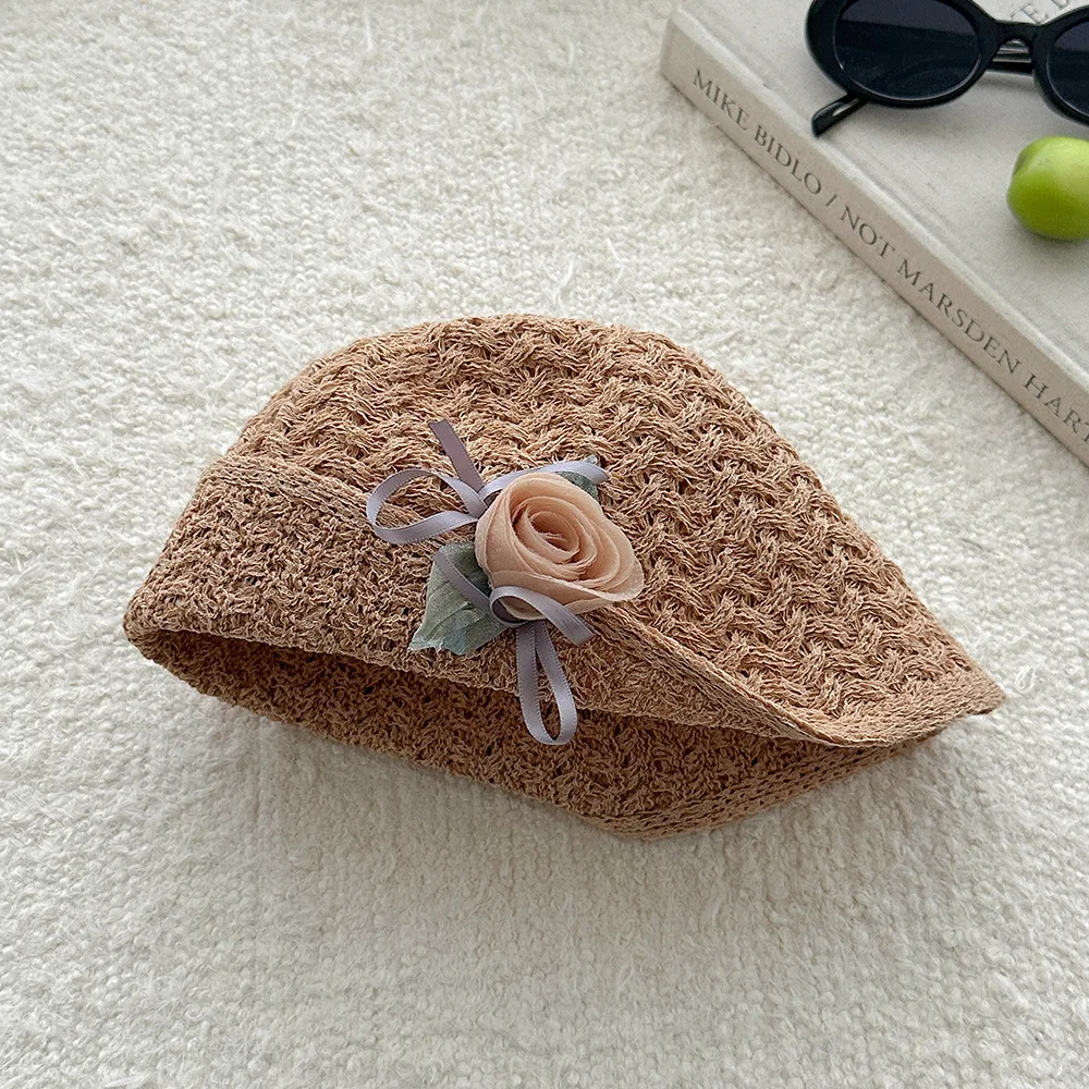 2-8Y 3D 로즈 키즈 밀짚 모자 여름 양동이 모자 태양 보호 태양 휴가 해변 태양 모자