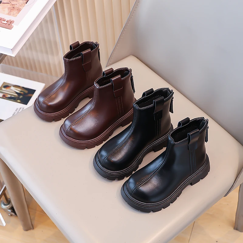 

Winter New 2025 Kids Vintage Leather Boots Girls Waterproof Non-slip Solid Zipper Princess Ankle Boots Kids Casual Shoes