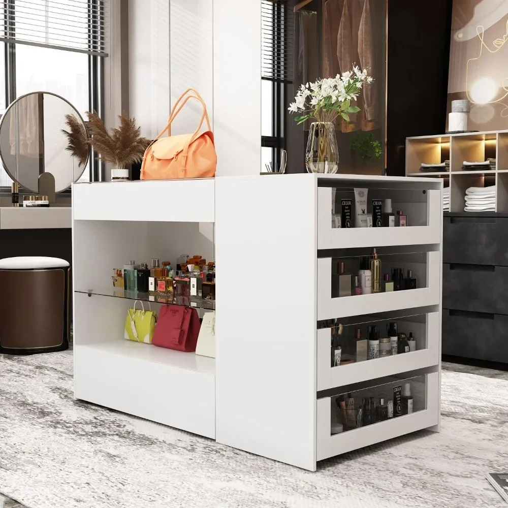 Wardrobe Closet Island with Glass Tabletop, for Dressing Room Cloakroom White (47.2”W x 23.6”D x 31.5”H)