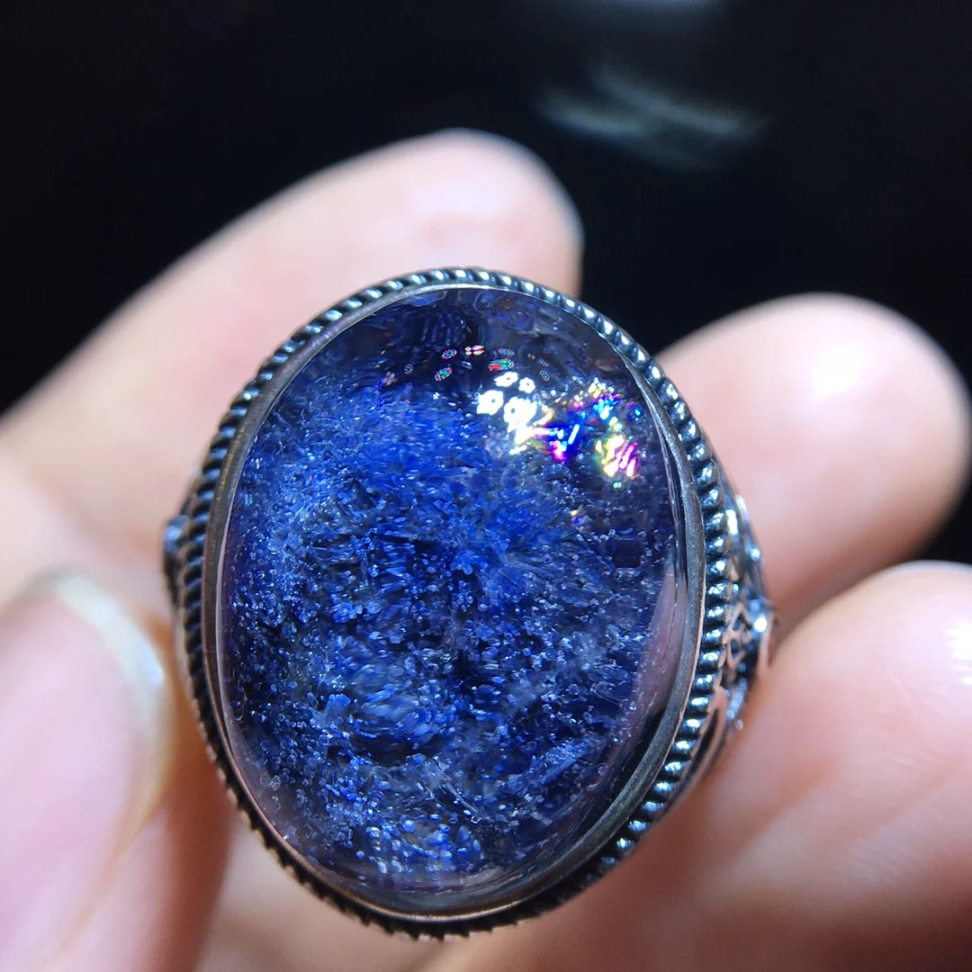 

Natural Blue Rutilated Dumortierite Quartz Adjustable Ring 19.2/14.6mm Big Size Woman Men Ring Jewelry AAAAAAA