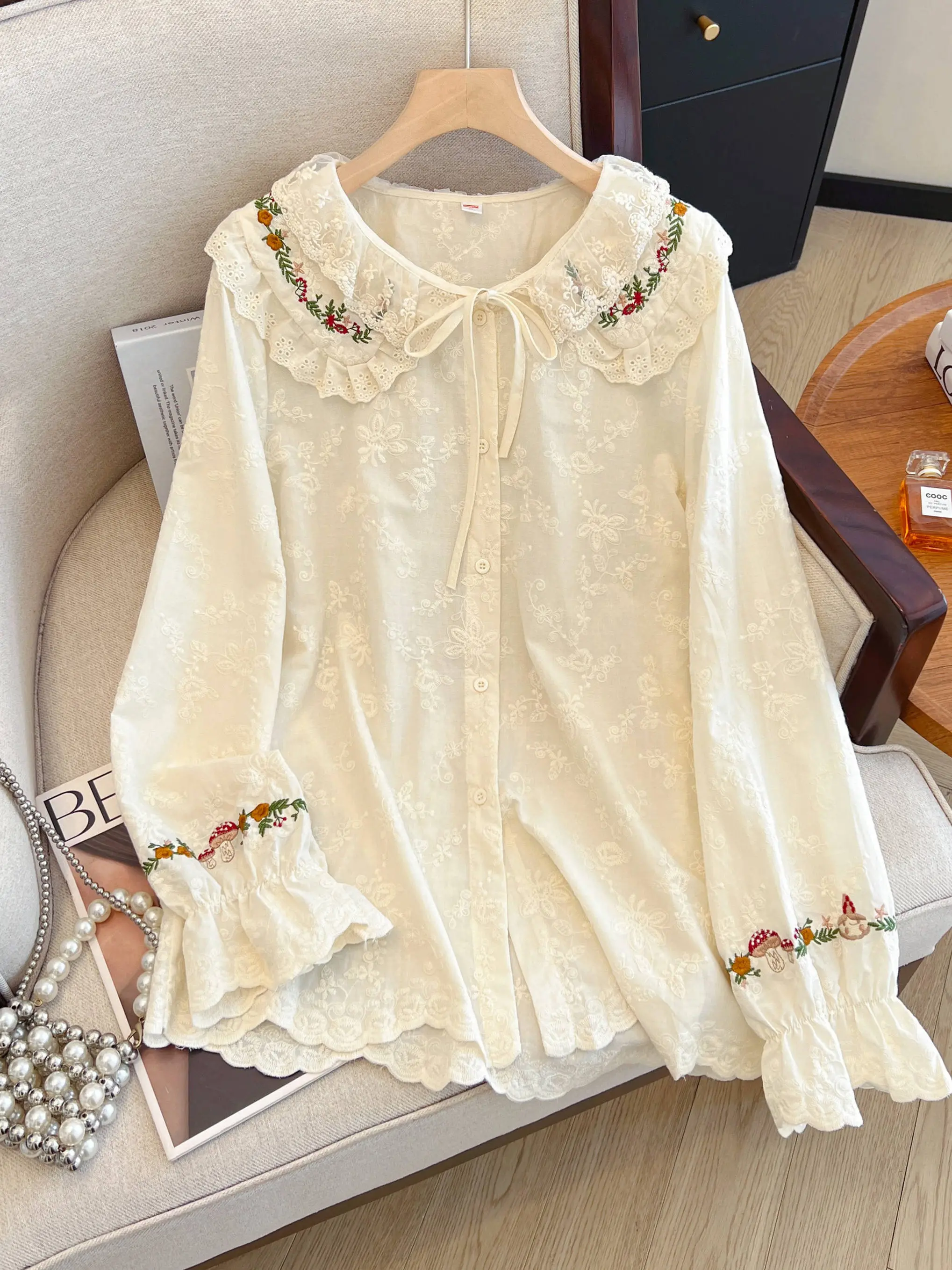 

Уникальная женская рубашка с вышитым воротником-куклой, весенне-осенний новый стиль, модный молодежный топ с длинными рукавами, универсальный топ из смесового хлопка