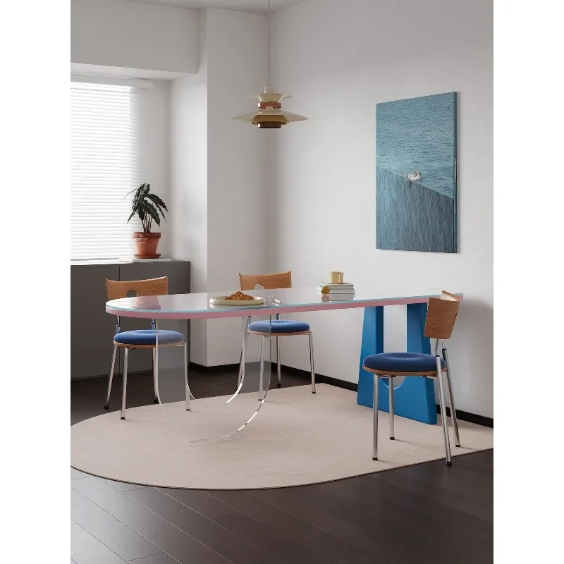 Medieval solid wood suspended dining table, household dopamine color matching semi-round dining table Bauhaus acrylic desk