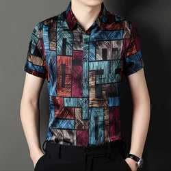 Vintage Print Banquet High-End Men Shirt Real Silk Short Sleeve Summer Quality Soft Comfortable Fashion Casual Camisas De Hombre