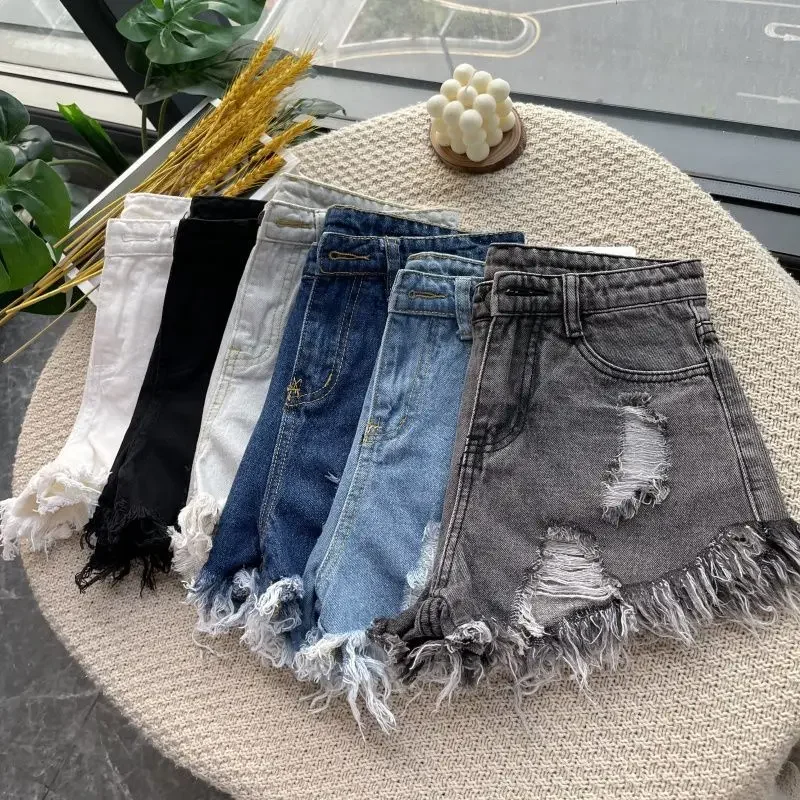 

Summer New High Waist Tassel Hole Denim Shorts Women Korean Version Raw Edge Wide Leg Loose Black Blue Jean Shorts Female A407