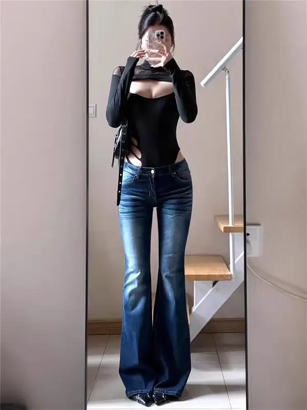 

Джинсы-колокольчики с высокой талией, женские облегающие эластичные длинные джинсовые брюки 80, синие эластичные джинсы длиной до пола, зауженные джинсы