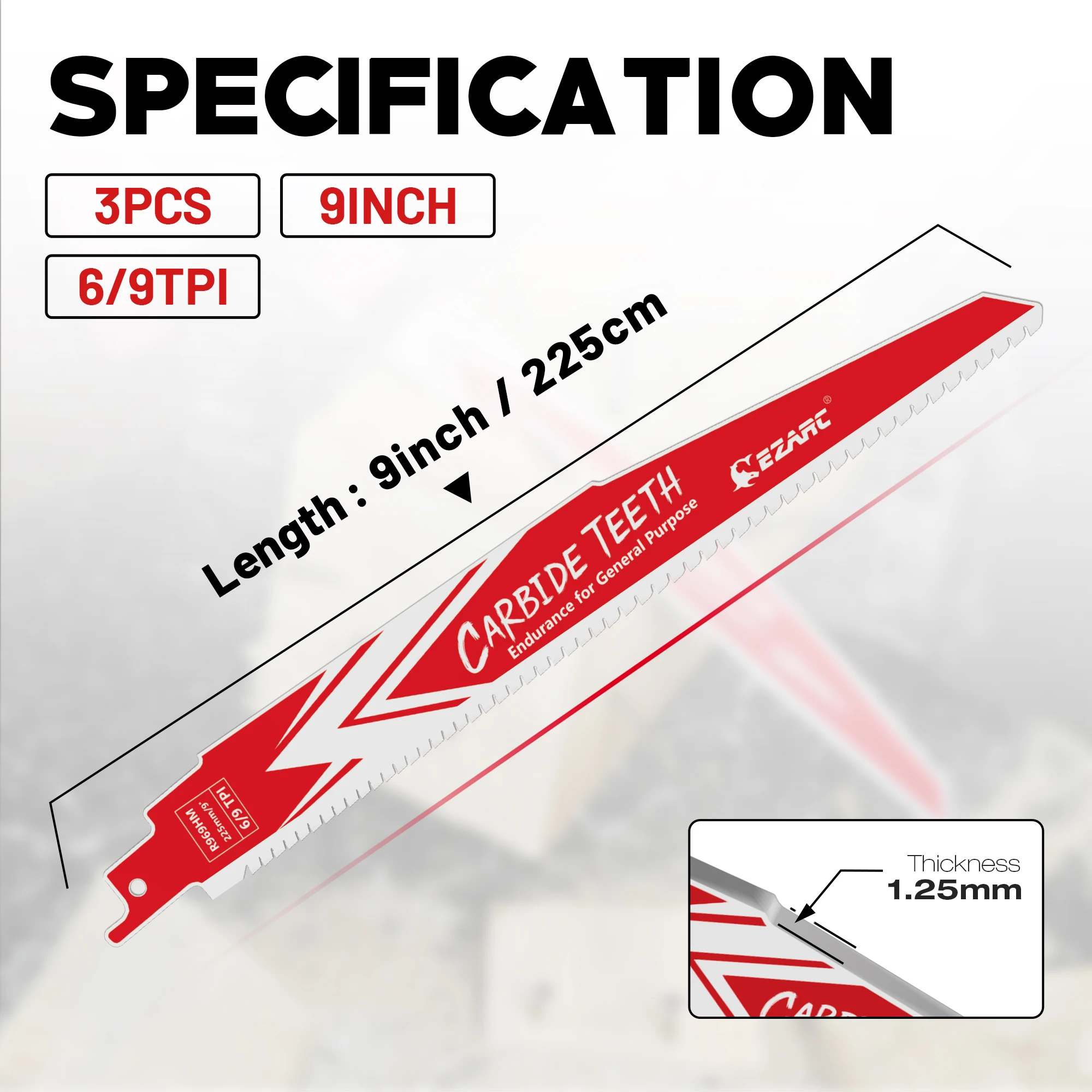EZARC 3-Pieces Carbide Reciprocating Saw Blades 9-Inch 6/9TPI All-Purpose Cutting Blades 225mm for Wood, Metal, Plastic, Tubing