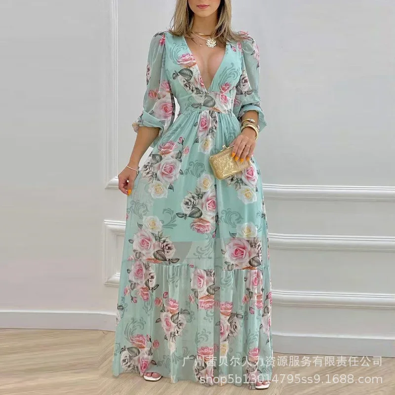 

Lantern Sleeve Waist Dress Printed V-neck Sexy Dress Women Summer High Waist Floral Long Sleeve Full Length Maxi Dress