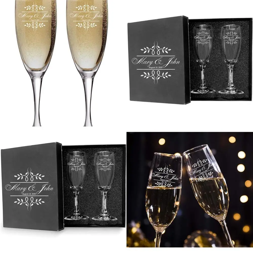 

Пара флейт для шампанского с индивидуальной гравировкой и коробкой для свадьбы, посвящения имени жениха и даты