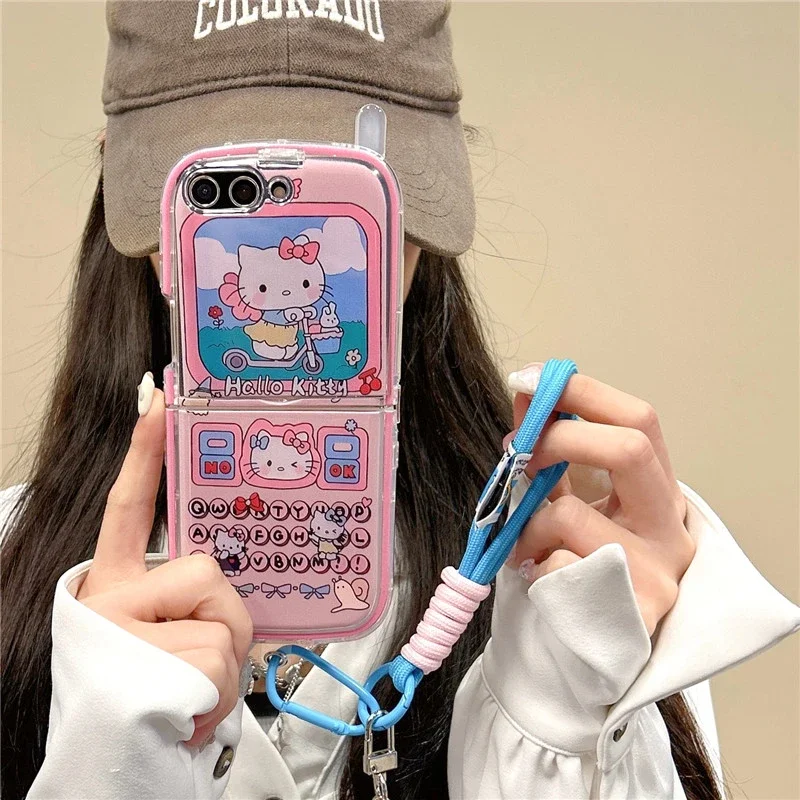 3D Cute Cartoon Sanrio Hello Kitty Pochacco Phone Case For Samsung Galaxy Z Flip 5 Soft TPU Cover For Z Flip 3 4 With Lanyard