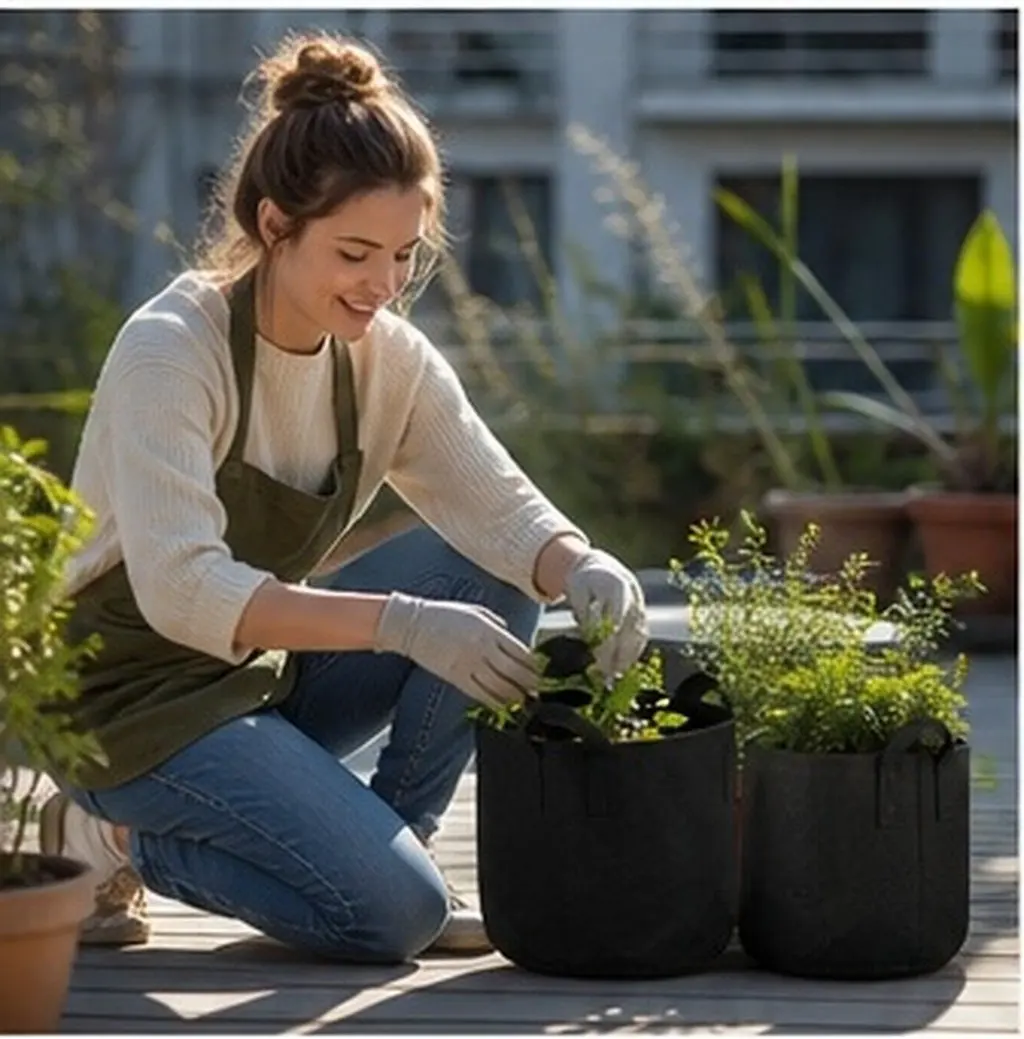 5Pcs Felt Planting Pouches Round Garden Planter Bag for Houseplants Perennials Balcony Patio Yard School Community Healthy Air