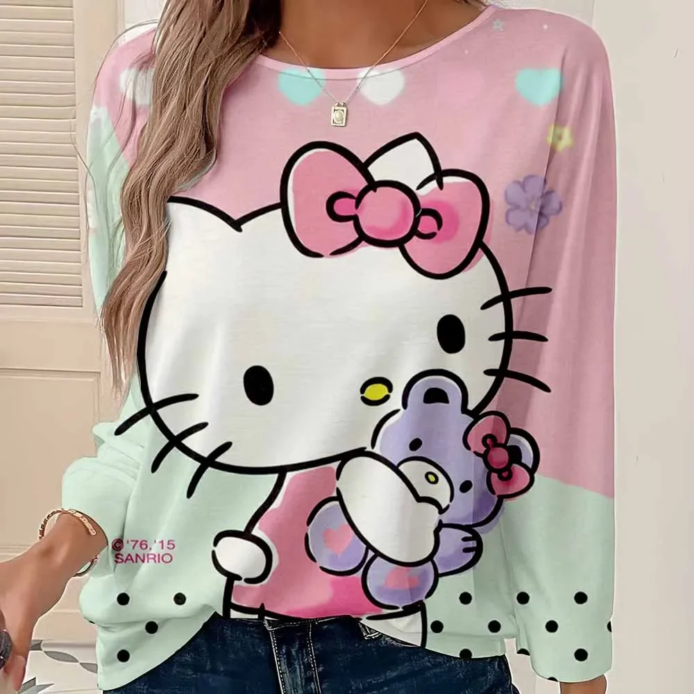 

Женская повседневная удобная длинная футболка с длинными рукавами и принтом Hello Kitty, элегантный и повседневный топ для поездок на весну и осень