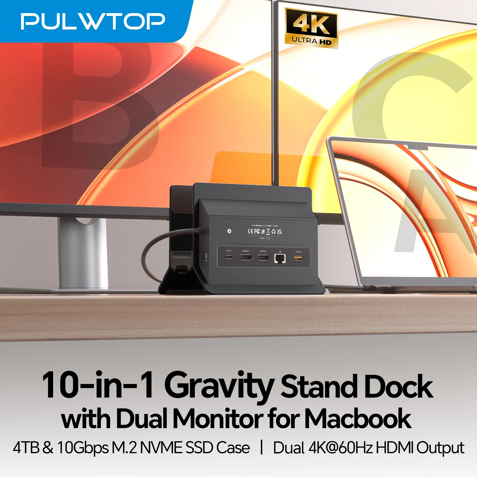 PULWTOP MacBook Docking Station Dual Monitor with 2 HDMI 4K@60Hz, USB A/C 10Gbps, PD, Ethernet, SD/TF, with MacBook Pro/Air