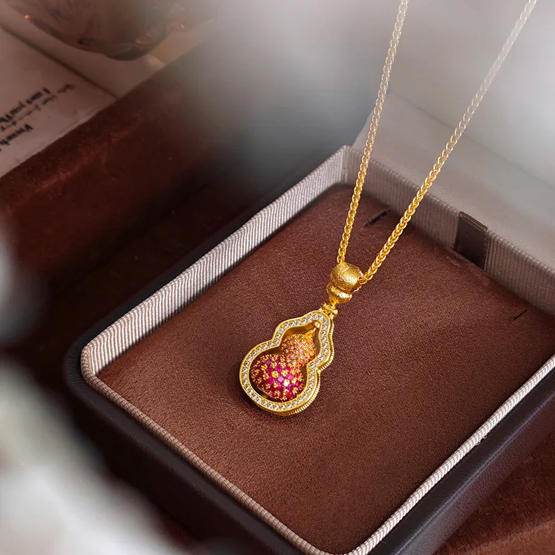 Little red book hot light luxury gradual powder rotating gourd pendant necklace sand gold Fulu sweater chain gift 9999gold