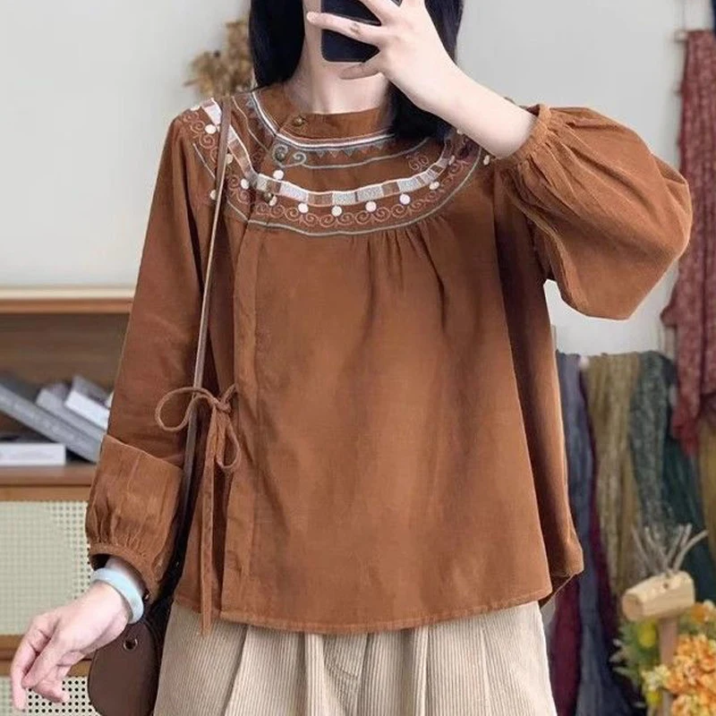 Women Vintage Chinese Ethnic Style Cotton Linen Blouses Spring Autumn Embroidery Lace Up Shirts Casual O Neck Long Sleeve Tops