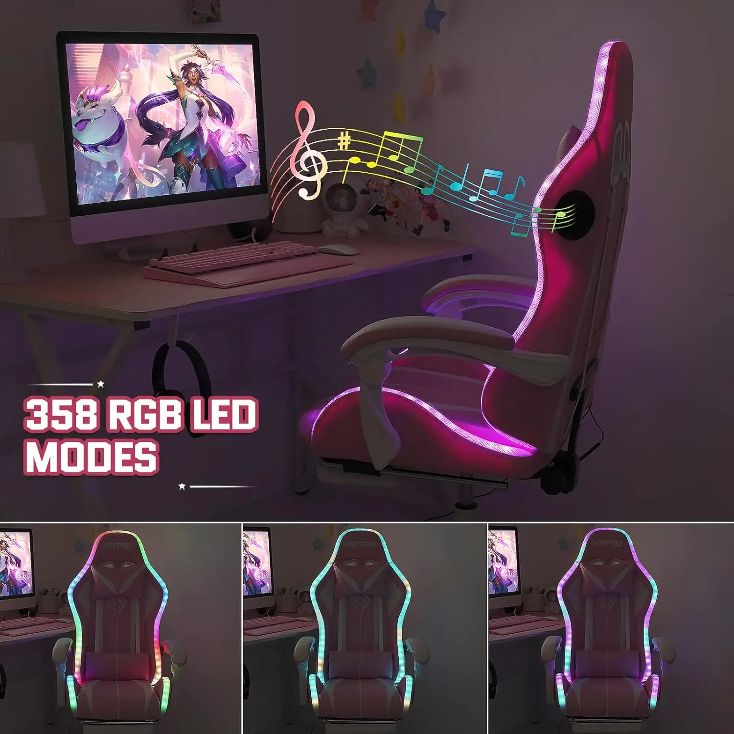 Silla para juegos rosa con altavoces Bluetooth, bonita silla ergonómica para juegos de ordenador con masaje y reposapiés, silla para videojuegos con respaldo alto