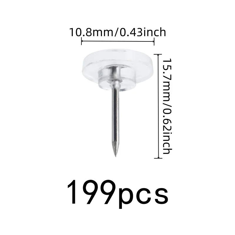 Clear Flat Thumb Tacks 199 pcs, Easy Push Sharp Pin, Transparent Flat Head, for DIY Decoration Wall, Multipurpose