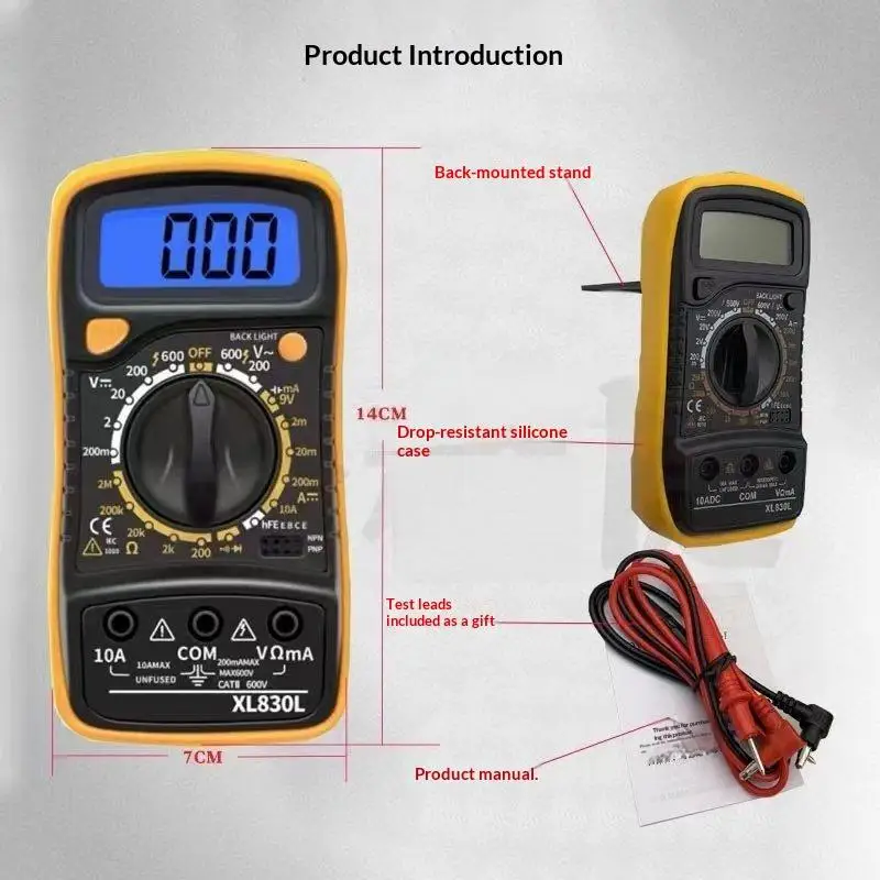 XL830L Digital Multimeter Anti-drop HD LCD Display Buzzer Function Test Leads for Outdoor Circuit Inspection