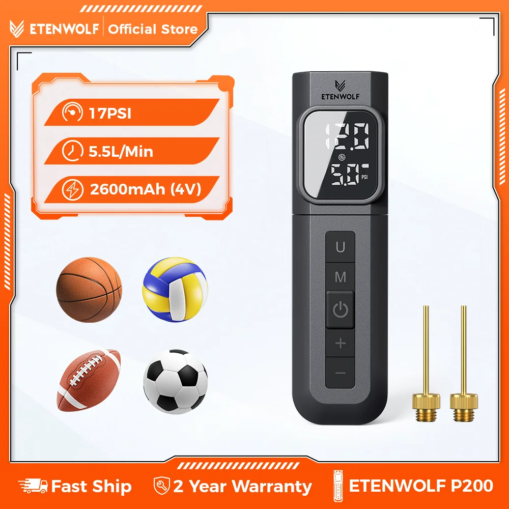 

ETENWOLF P200 Electric Ball Pump Digital Pressure Gauge 2000mAh Sports Air Pump for BasketBall Volleyball with Ball Needles