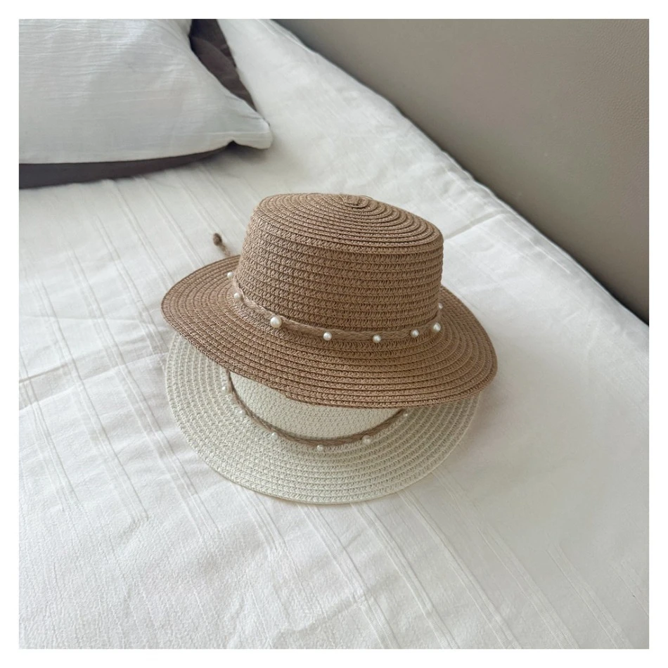 Sombrero de Paja con Decoración de Perlas para Niños, Sombrero de Protección Solar Transpirable para Niñas Pequeñas, Sombrero de Paja Tejido para Actividades al Aire Libre BT14