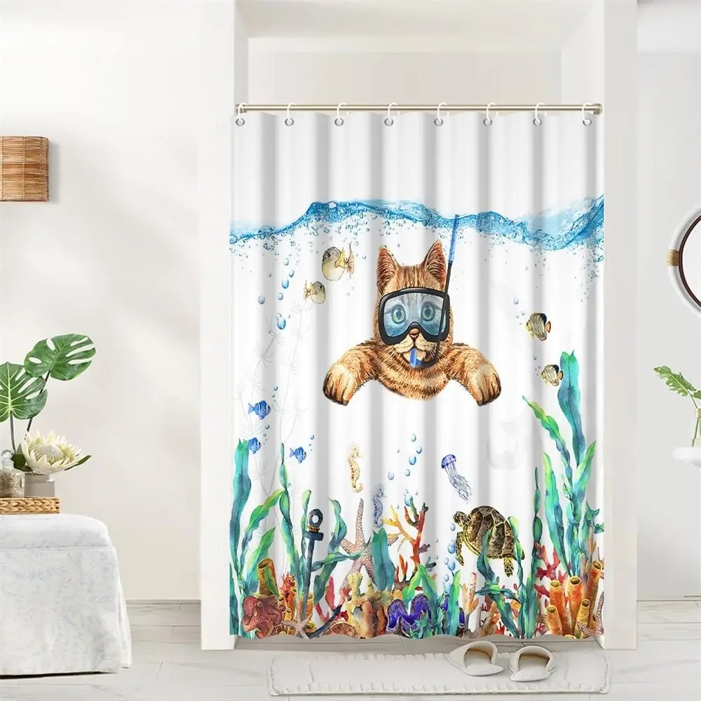 

Занавеска для душа с изображением кошки, занимающейся дайвингом, и подводных морских обитателей для забавного декора ванной комнаты