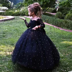 Navy Blue Long Appliques Child Girl Wedding Party Dresses Pearls Full Sleeves Birthday Ball Gown for Kids Pageant Formal