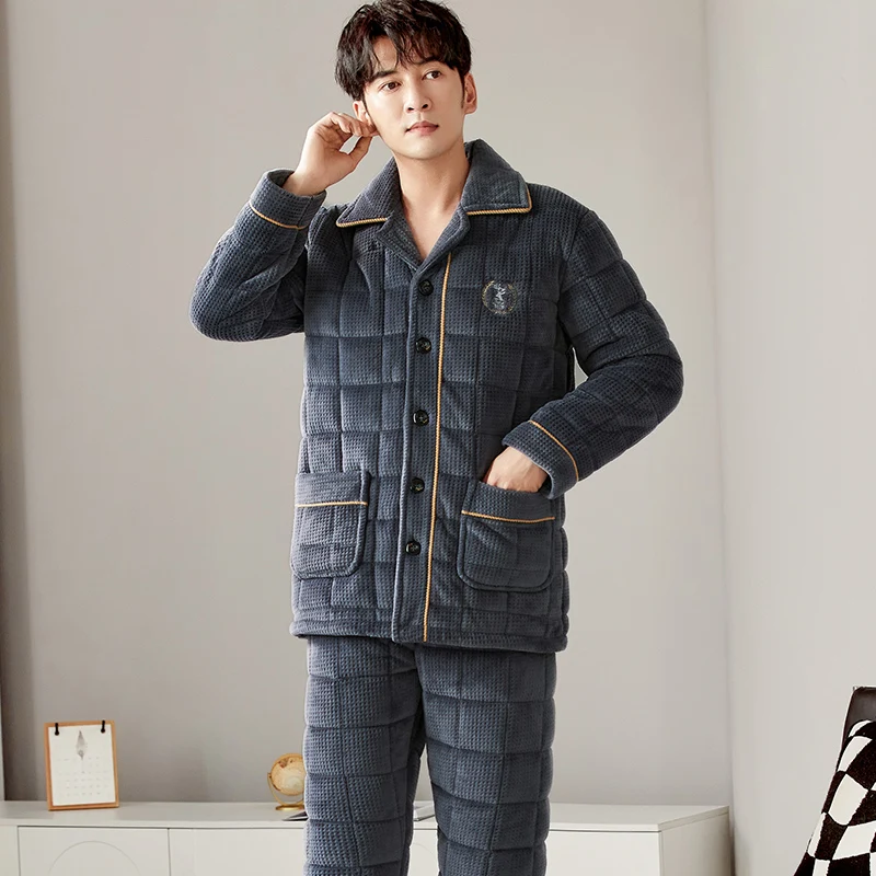 Winter Thick Quilted Men Animal Pajamas Sets 3Layers Sleep Tops & Bottoms Male Flannel Keep Warm Sleepwear Thermal Home Clothing