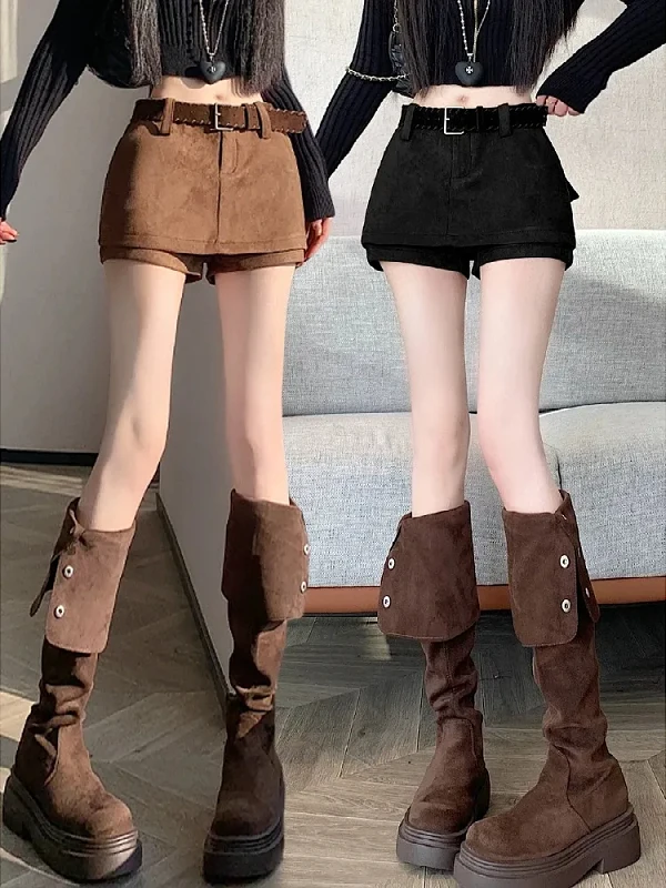 

plus Size Women's High Waist A-Line Skirt Suede Fabric Autumn Winter Faion Sli Slimming ort Skirt Pants