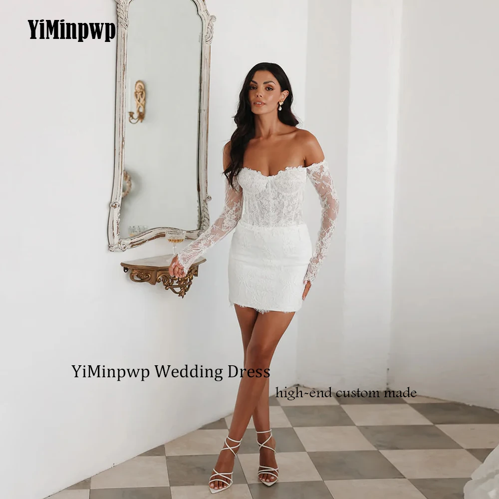

Mini Lace Wedding Dresses Strapless Full Sleeve Applique Backless Mermaid Short Ivory Bridal Gown Vestidos De Novia Customized